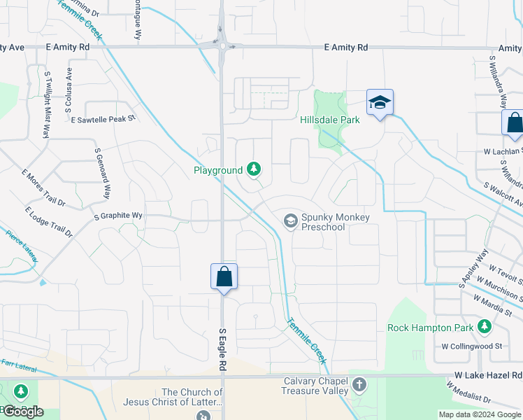 map of restaurants, bars, coffee shops, grocery stores, and more near 3417 East Woodville Drive in Meridian