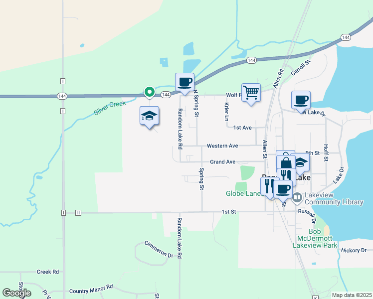 map of restaurants, bars, coffee shops, grocery stores, and more near 720 Western Avenue in Random Lake