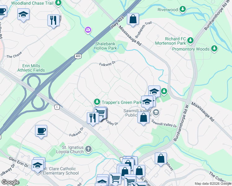 map of restaurants, bars, coffee shops, grocery stores, and more near 4156 Wheelwright Crescent in Mississauga
