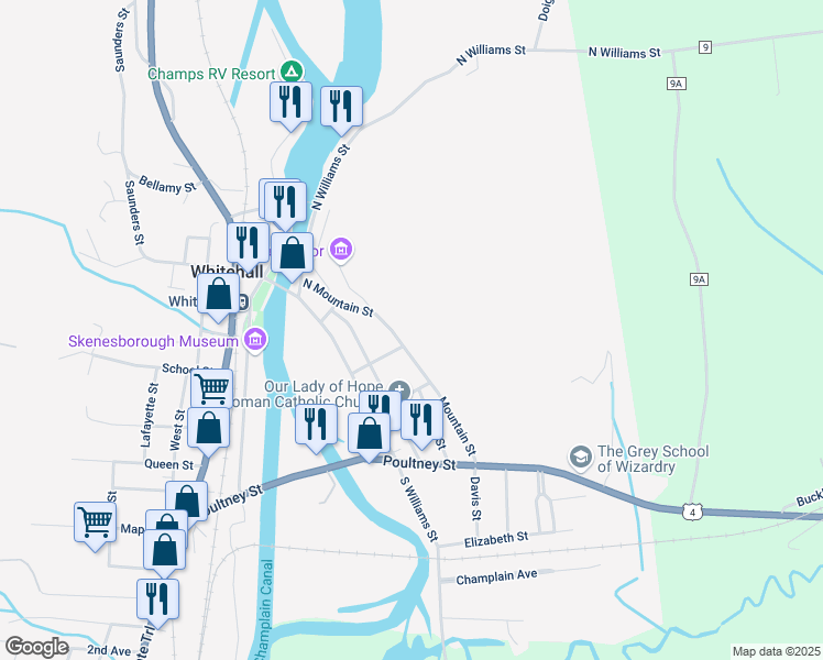 map of restaurants, bars, coffee shops, grocery stores, and more near 16 Mountain Street in Whitehall