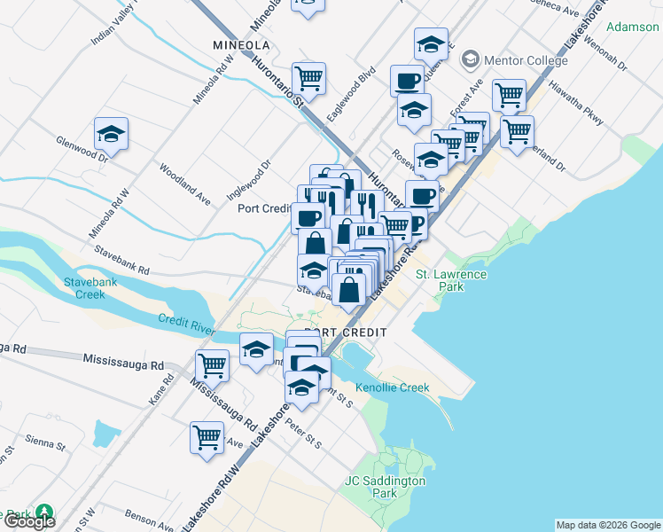 map of restaurants, bars, coffee shops, grocery stores, and more near in Mississauga