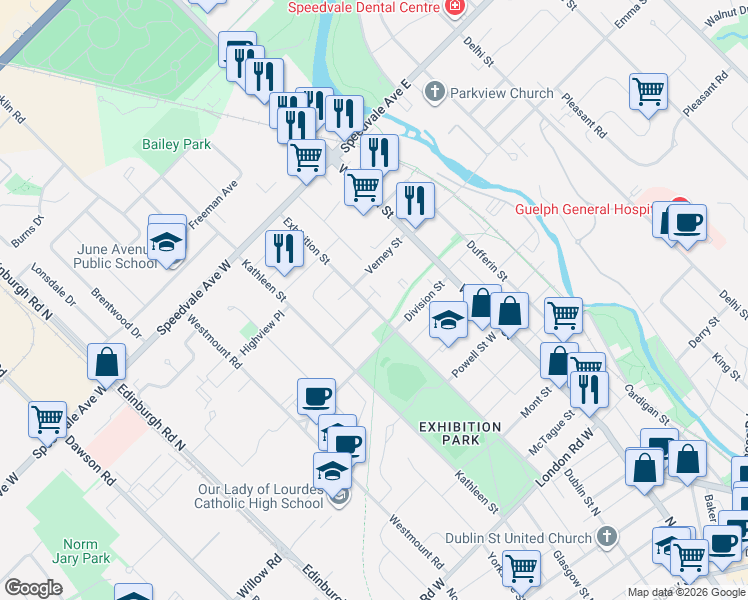 map of restaurants, bars, coffee shops, grocery stores, and more near 253 Exhibition Street in Guelph