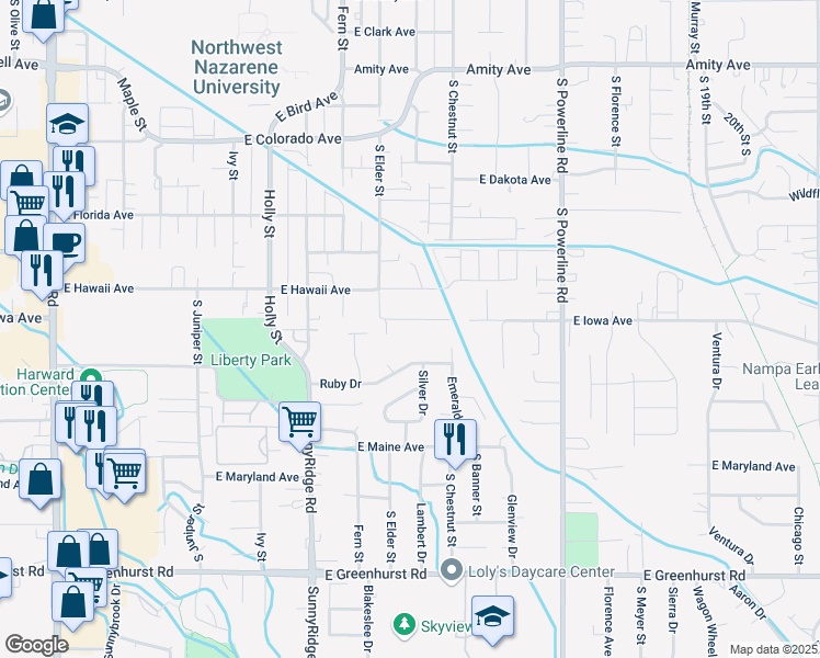 map of restaurants, bars, coffee shops, grocery stores, and more near 1031 East Iowa Avenue in Nampa