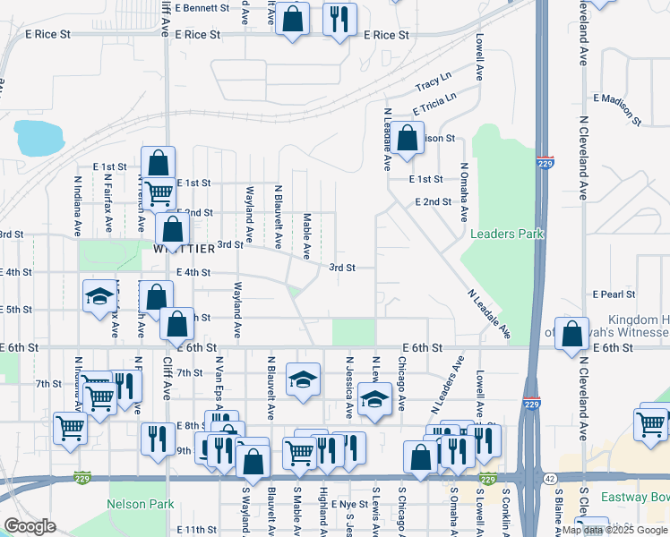 map of restaurants, bars, coffee shops, grocery stores, and more near 1699 East 3rd Street in Sioux Falls