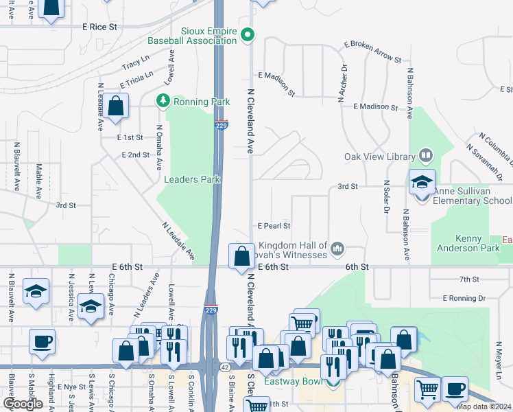 map of restaurants, bars, coffee shops, grocery stores, and more near 800 North Cleveland Avenue in Sioux Falls