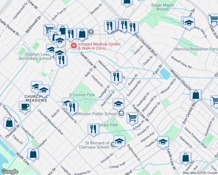 map of restaurants, bars, coffee shops, grocery stores, and more near 3250 Sunlight Street in Mississauga