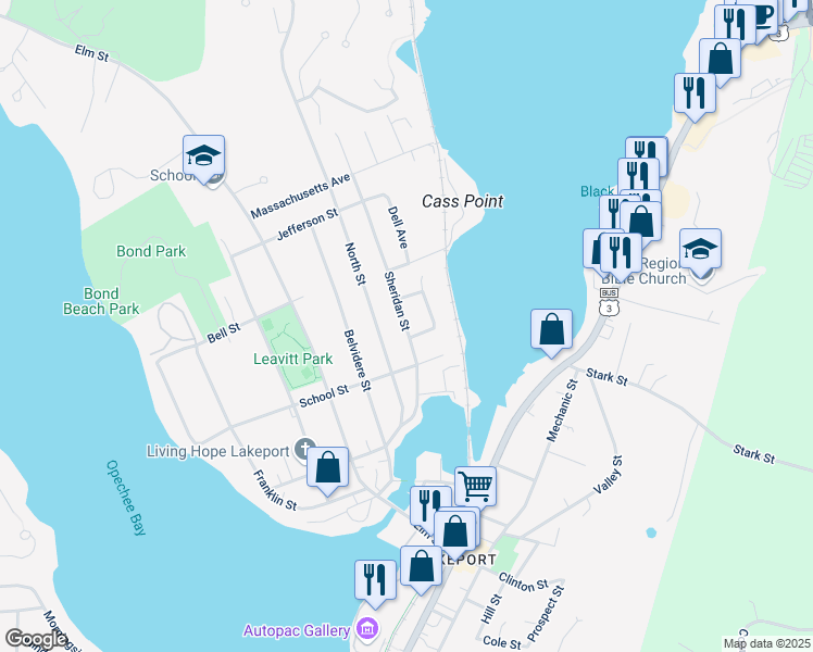 map of restaurants, bars, coffee shops, grocery stores, and more near 91 Sheridan Street in Laconia