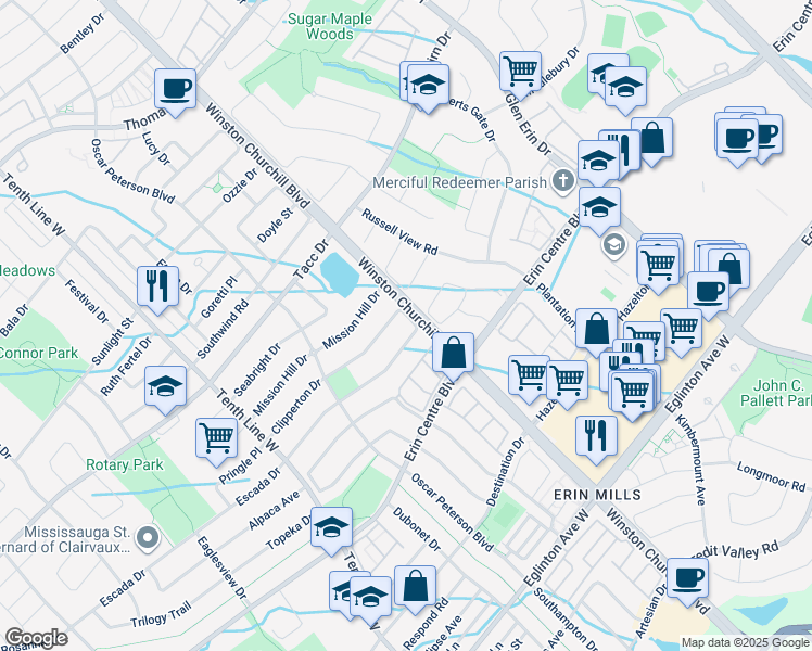 map of restaurants, bars, coffee shops, grocery stores, and more near 3153 Cabano Crescent in Mississauga