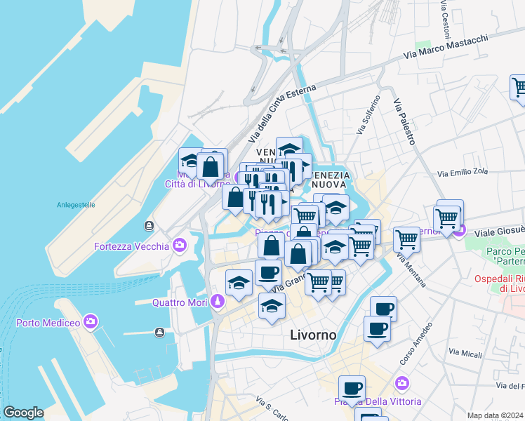 map of restaurants, bars, coffee shops, grocery stores, and more near 34 Via Borra in Livorno
