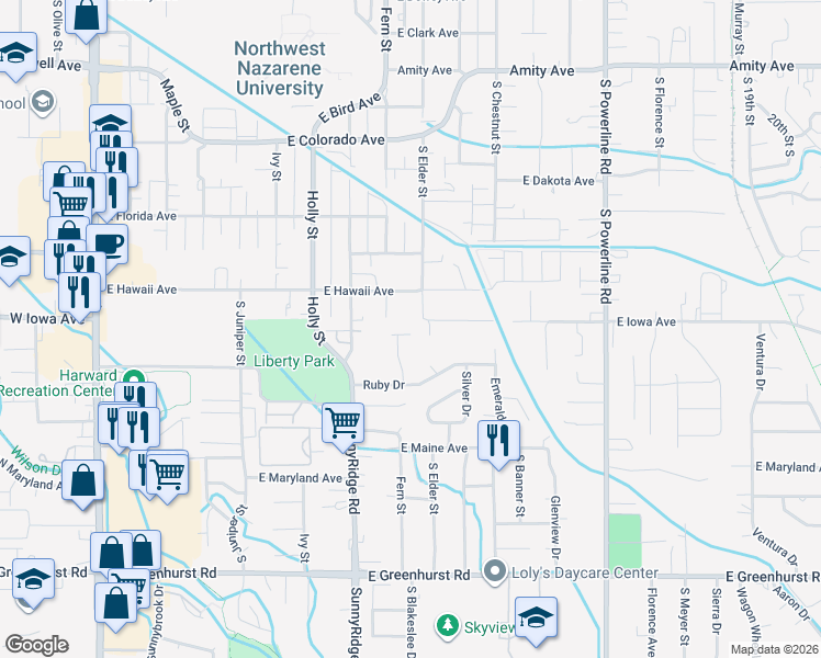 map of restaurants, bars, coffee shops, grocery stores, and more near 1512 Ruby Court in Nampa