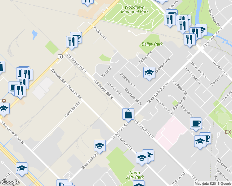 map of restaurants, bars, coffee shops, grocery stores, and more near 28 Lonsdale Drive in Guelph