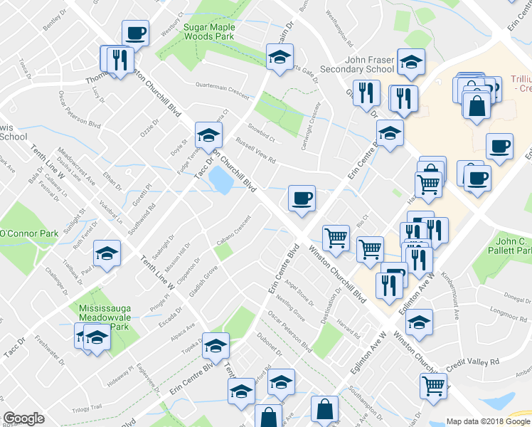 map of restaurants, bars, coffee shops, grocery stores, and more near 3153 Cabano Crescent in Mississauga