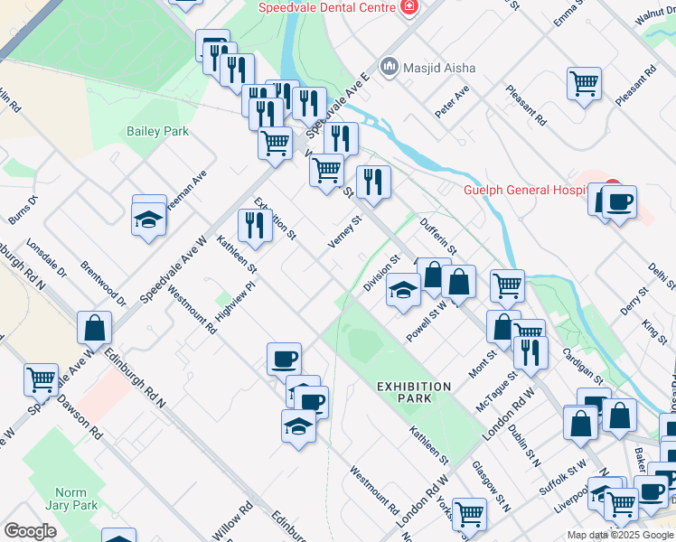 map of restaurants, bars, coffee shops, grocery stores, and more near 253 Exhibition Street in Guelph