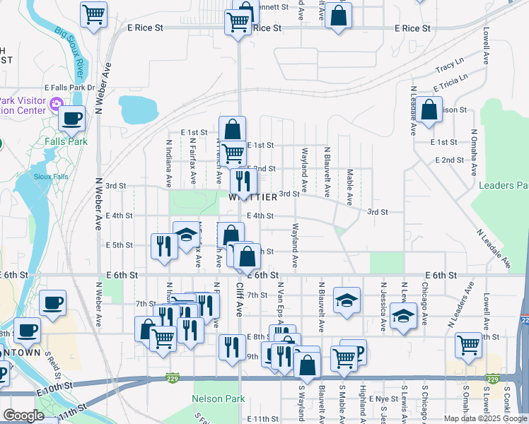 map of restaurants, bars, coffee shops, grocery stores, and more near 1300-1398 E 4th St in Sioux Falls
