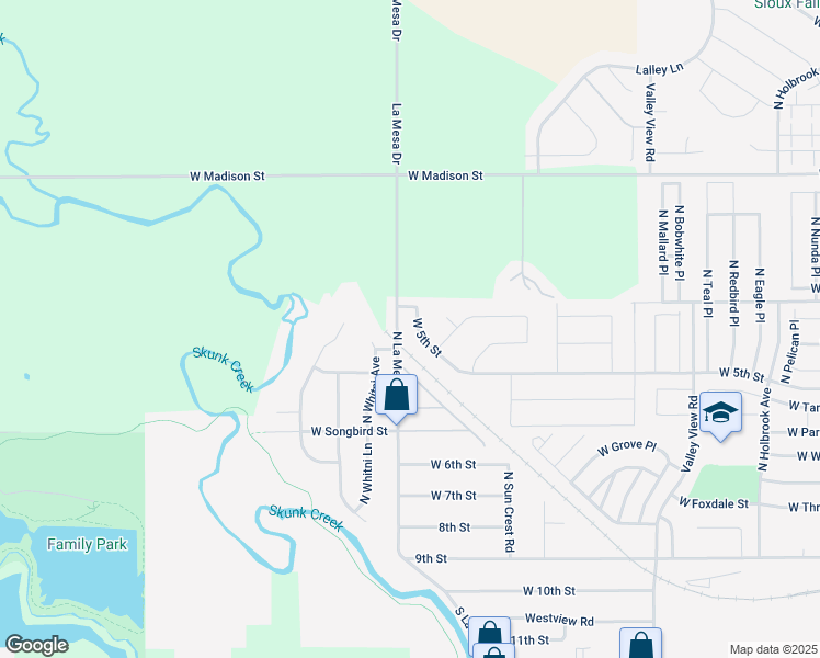 map of restaurants, bars, coffee shops, grocery stores, and more near 600 North La Mesa Drive in Sioux Falls