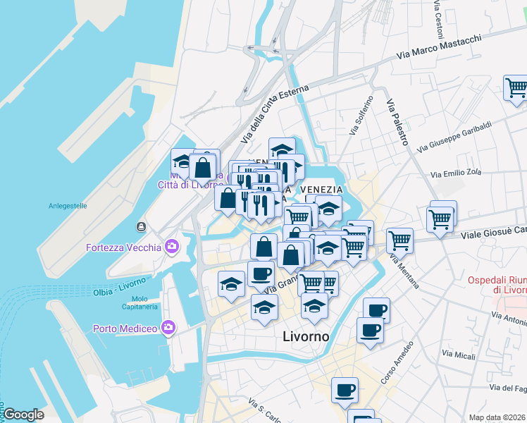 map of restaurants, bars, coffee shops, grocery stores, and more near 35 Via Borra in Livorno