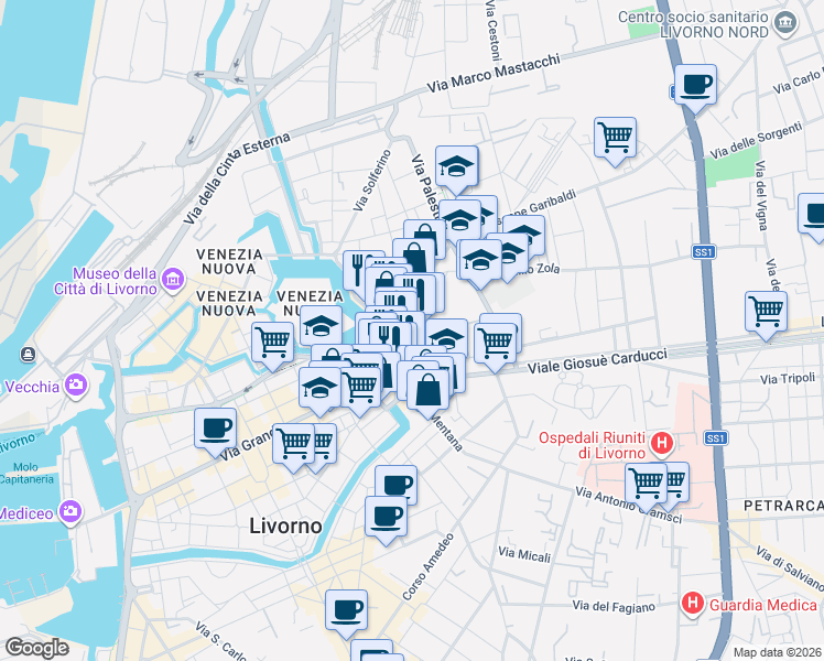map of restaurants, bars, coffee shops, grocery stores, and more near 61 Via Terrazzini in Livorno