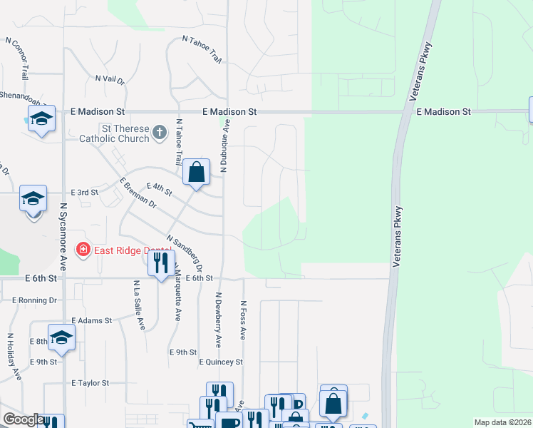 map of restaurants, bars, coffee shops, grocery stores, and more near 5500 East 6th Street in Sioux Falls