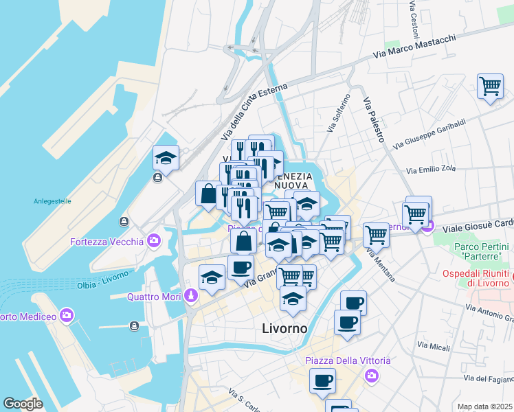 map of restaurants, bars, coffee shops, grocery stores, and more near 22 Scali del Refugio in Livorno