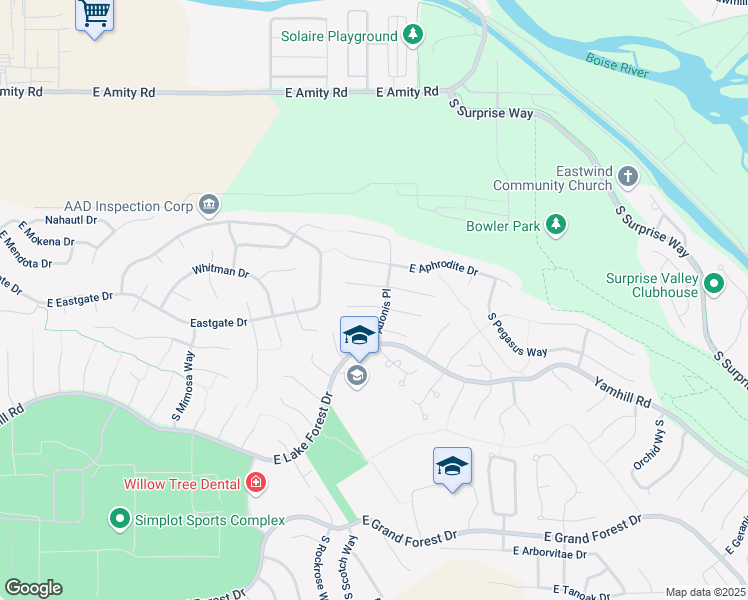 map of restaurants, bars, coffee shops, grocery stores, and more near 3756 East Wormwood Court in Boise