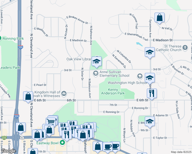 map of restaurants, bars, coffee shops, grocery stores, and more near 3701 East 3rd Street in Sioux Falls