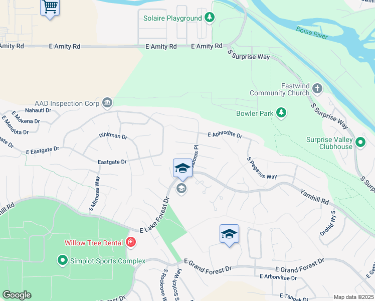 map of restaurants, bars, coffee shops, grocery stores, and more near 3756 East Wormwood Court in Boise