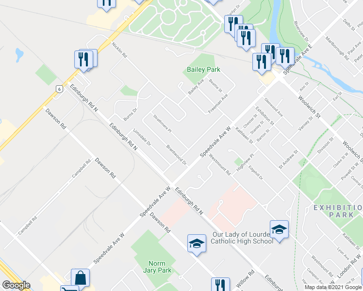 map of restaurants, bars, coffee shops, grocery stores, and more near 8 Strathmere Place in Guelph