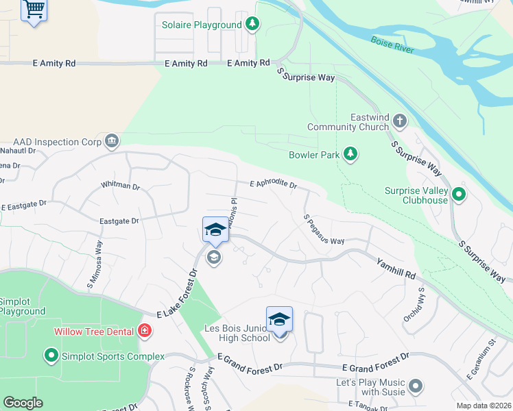 map of restaurants, bars, coffee shops, grocery stores, and more near 3901 East Sweet Pea Court in Boise