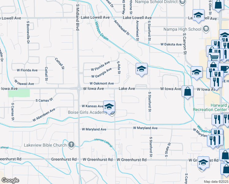map of restaurants, bars, coffee shops, grocery stores, and more near 1523 South Horton Street in Nampa