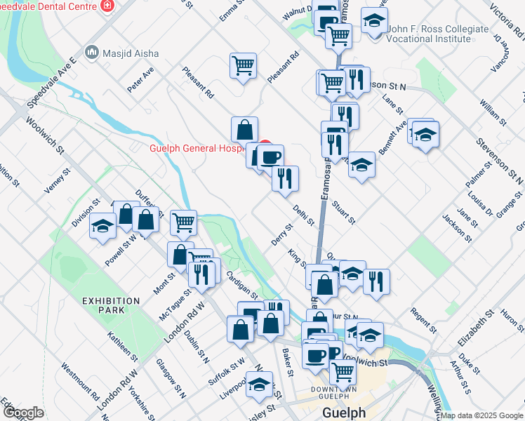 map of restaurants, bars, coffee shops, grocery stores, and more near 35 Spring Street in Guelph
