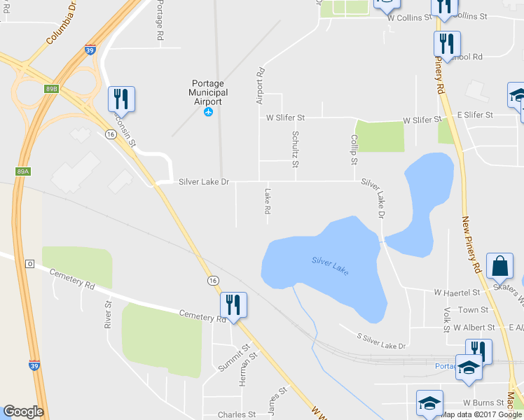 map of restaurants, bars, coffee shops, grocery stores, and more near 112 Lake Road in Portage