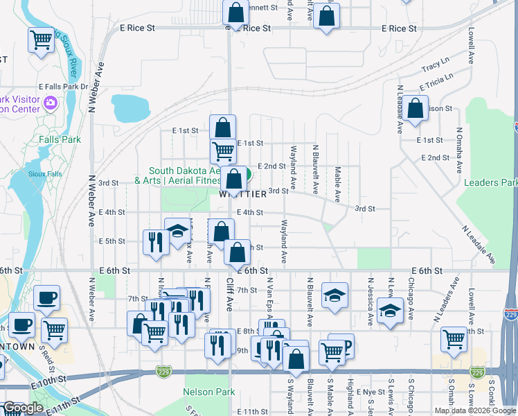 map of restaurants, bars, coffee shops, grocery stores, and more near 1300-1398 E 4th St in Sioux Falls