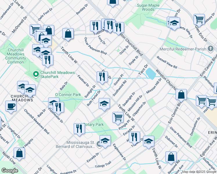 map of restaurants, bars, coffee shops, grocery stores, and more near 5456 Meadowcrest Avenue in Mississauga