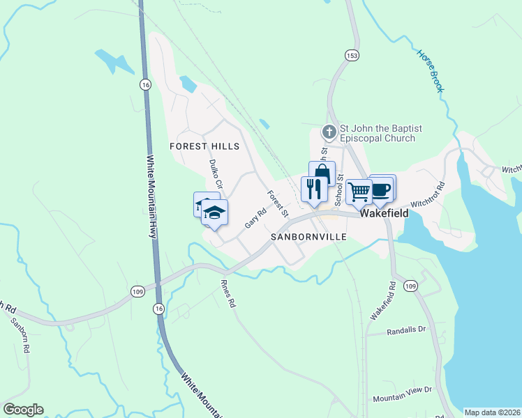 map of restaurants, bars, coffee shops, grocery stores, and more near 30 Gary Road in Wakefield