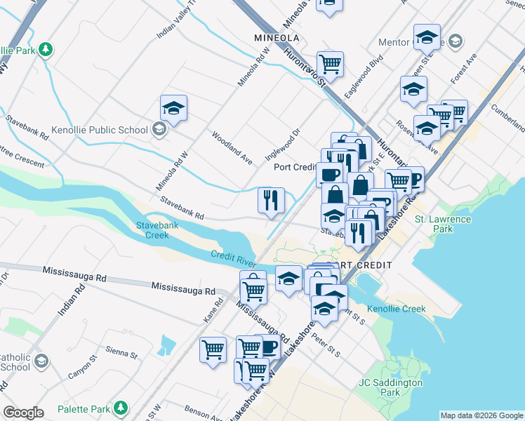 map of restaurants, bars, coffee shops, grocery stores, and more near 1171 Stavebank Road in Mississauga