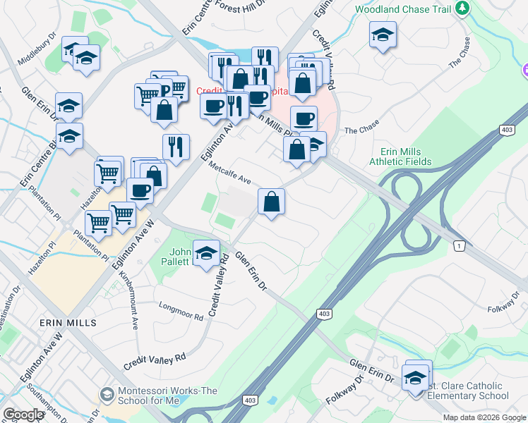 map of restaurants, bars, coffee shops, grocery stores, and more near 2360 Credit Valley Road in Mississauga
