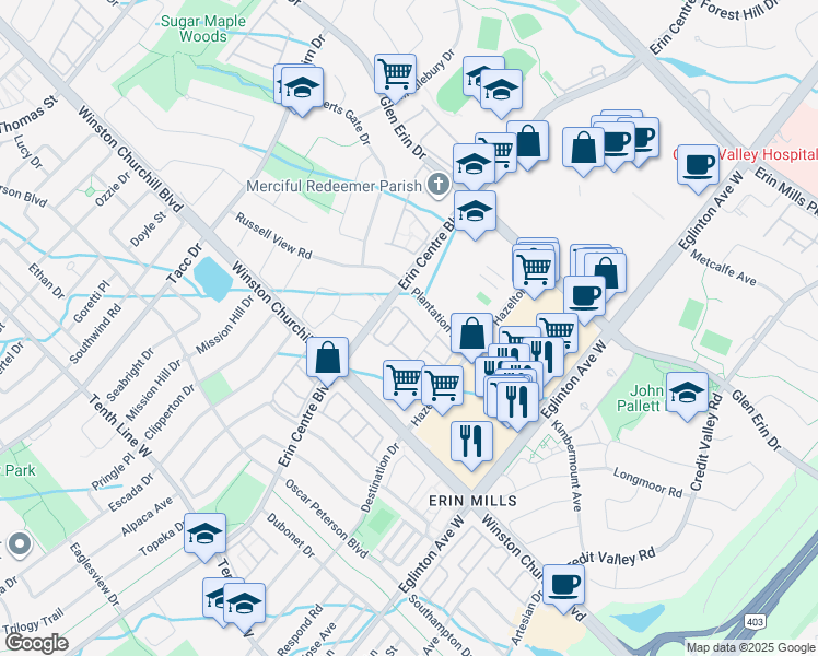 map of restaurants, bars, coffee shops, grocery stores, and more near 2900 Rio Court in Mississauga
