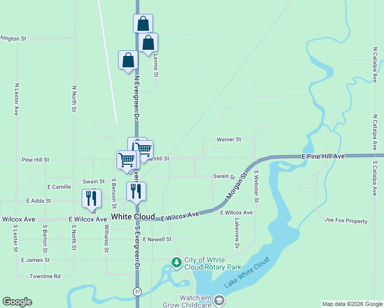 map of restaurants, bars, coffee shops, grocery stores, and more near 1375 East Pine Hill Avenue in White Cloud