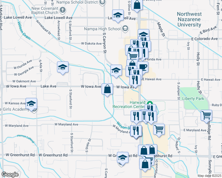map of restaurants, bars, coffee shops, grocery stores, and more near 335 West Iowa Avenue in Nampa