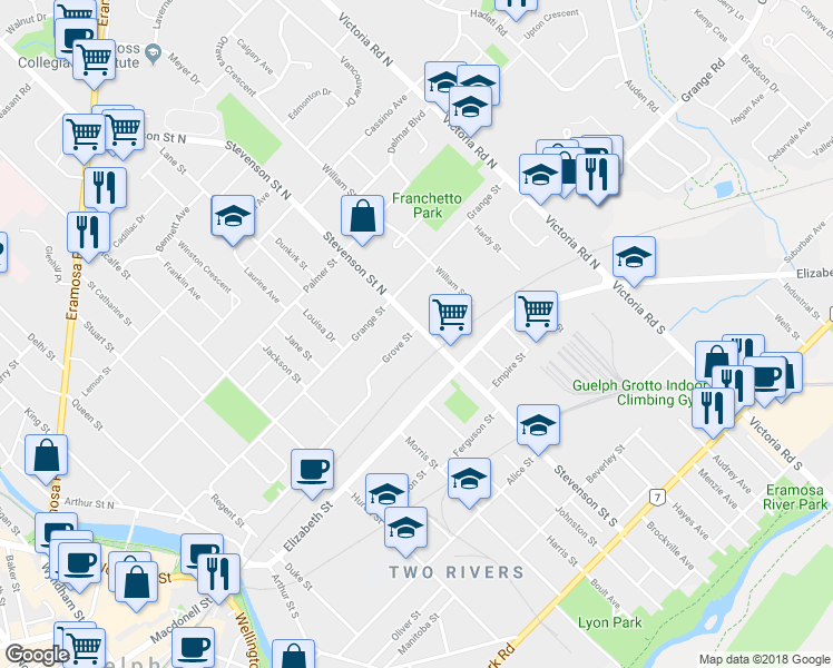 map of restaurants, bars, coffee shops, grocery stores, and more near 18 Stevenson Street North in Guelph
