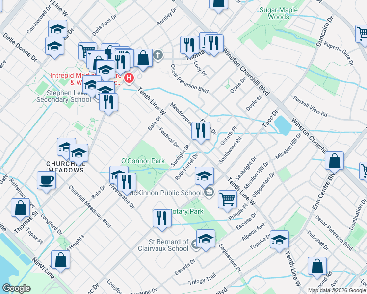 map of restaurants, bars, coffee shops, grocery stores, and more near 5399 Festival Drive in Mississauga