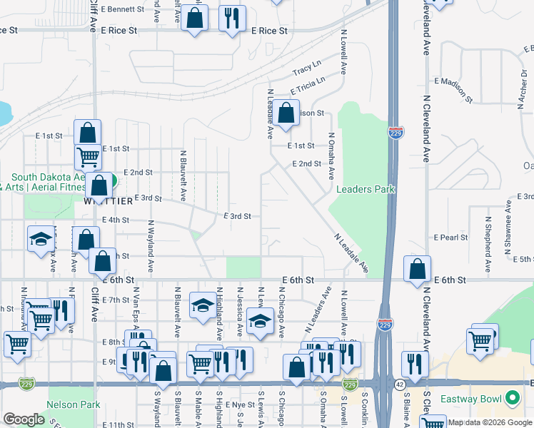map of restaurants, bars, coffee shops, grocery stores, and more near 1909 East 3rd Street in Sioux Falls