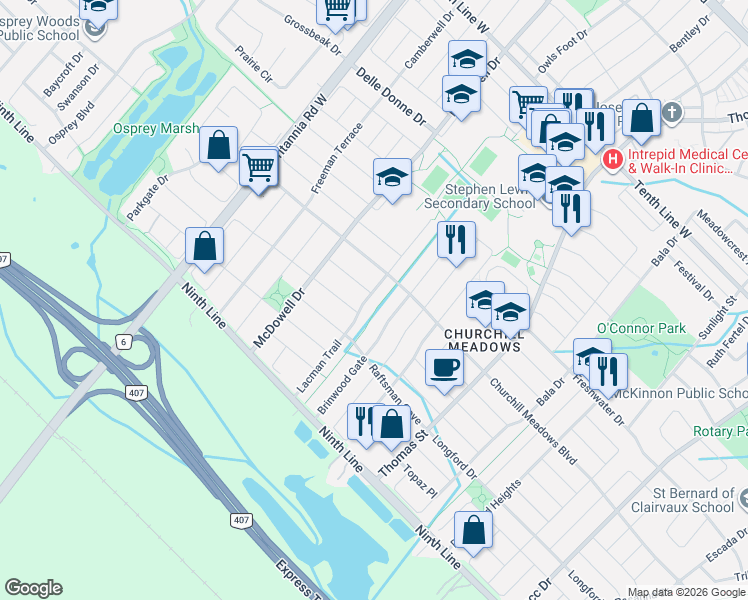 map of restaurants, bars, coffee shops, grocery stores, and more near 3812 Lacman Trail in Mississauga