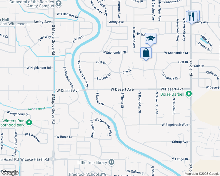 map of restaurants, bars, coffee shops, grocery stores, and more near 8342 West Desert Avenue in Boise