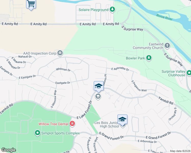 map of restaurants, bars, coffee shops, grocery stores, and more near 3653 East Wormwood Court in Boise