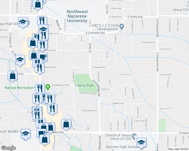 map of restaurants, bars, coffee shops, grocery stores, and more near 1513 South Garland Street in Nampa