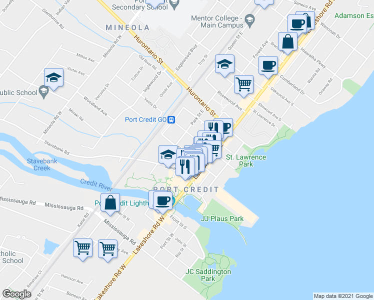 map of restaurants, bars, coffee shops, grocery stores, and more near in Mississauga