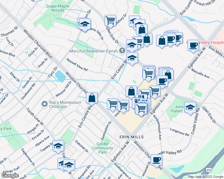 map of restaurants, bars, coffee shops, grocery stores, and more near in Mississauga