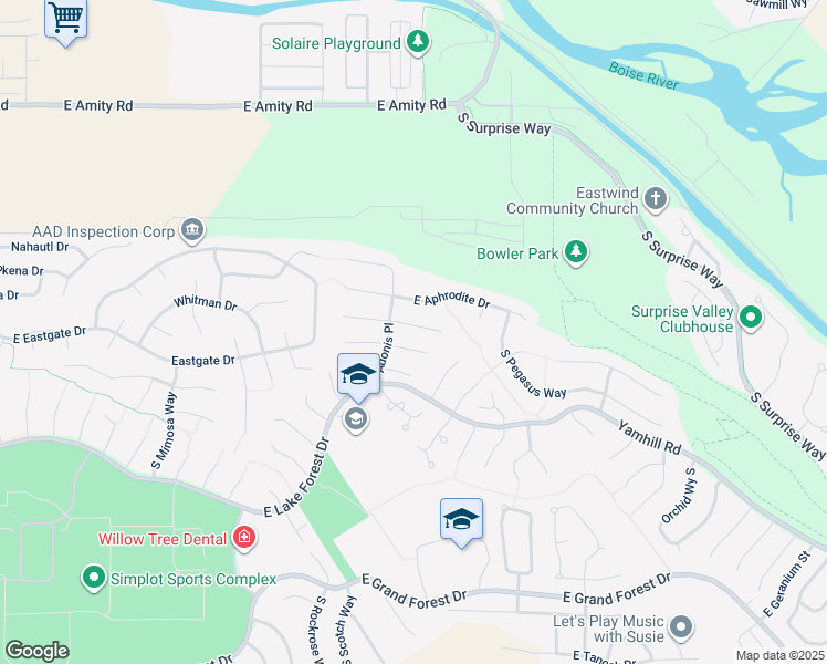 map of restaurants, bars, coffee shops, grocery stores, and more near 3901 East Sweet Pea Court in Boise