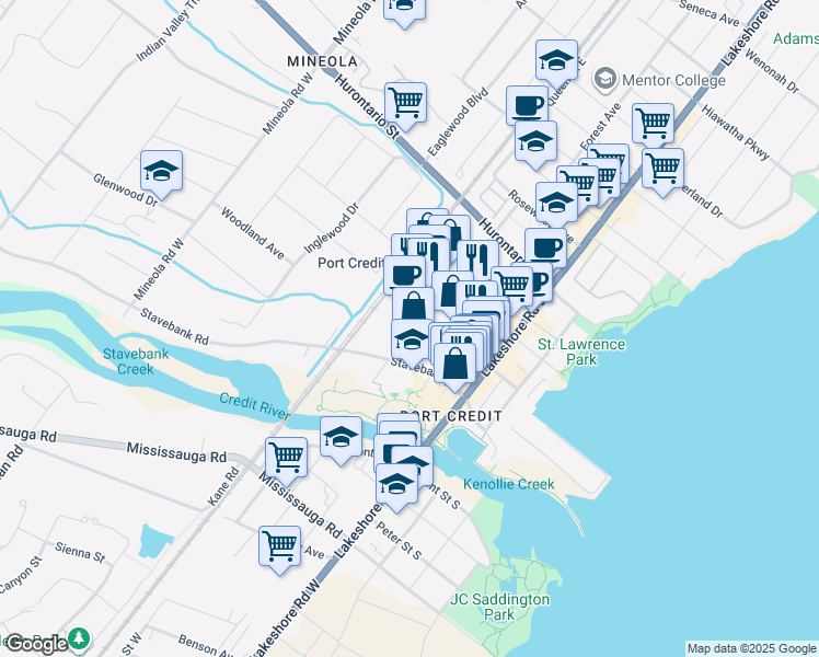 map of restaurants, bars, coffee shops, grocery stores, and more near 26 Park Street East in Mississauga